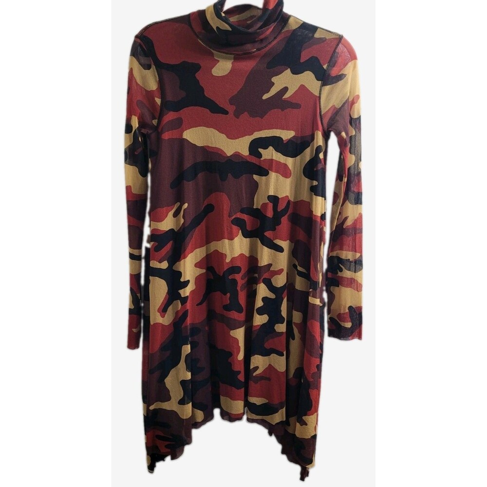 Jean Paul Gaultier Soleil Fuzzi Dress M Camo Mesh Turtleneck Y2K Vintage Italy